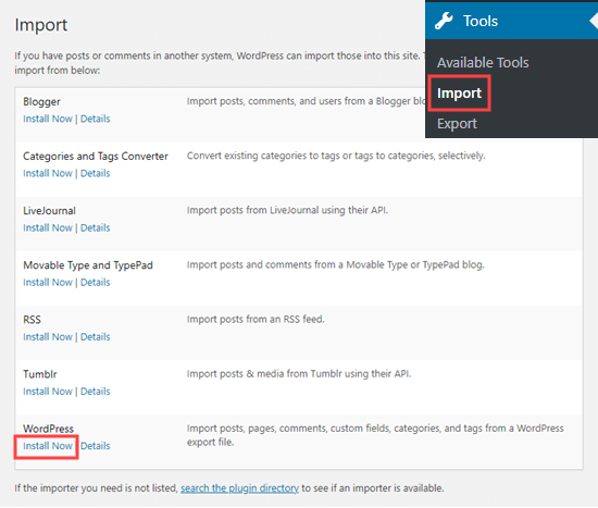 Installer l'outil d'importation et d'exportation de WordPress