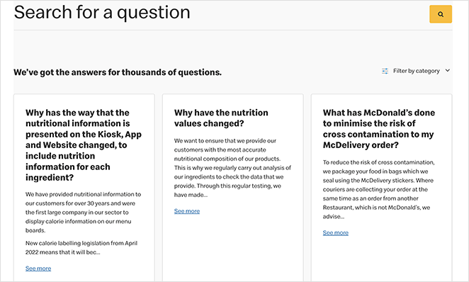 Mcdonalds faq page examples