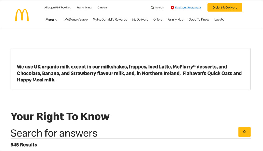 Screenshot - SeedProd McDonald's UK FAQ page example