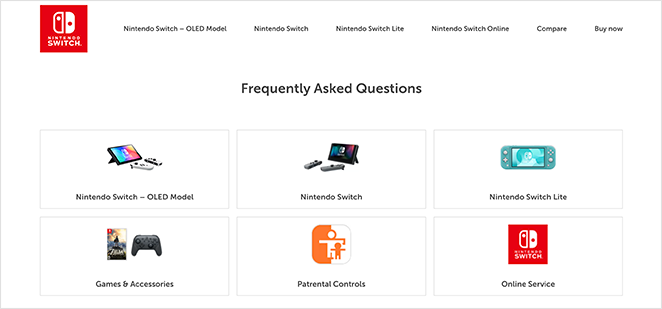 Exemples de pages faq de la Nintendo Switch