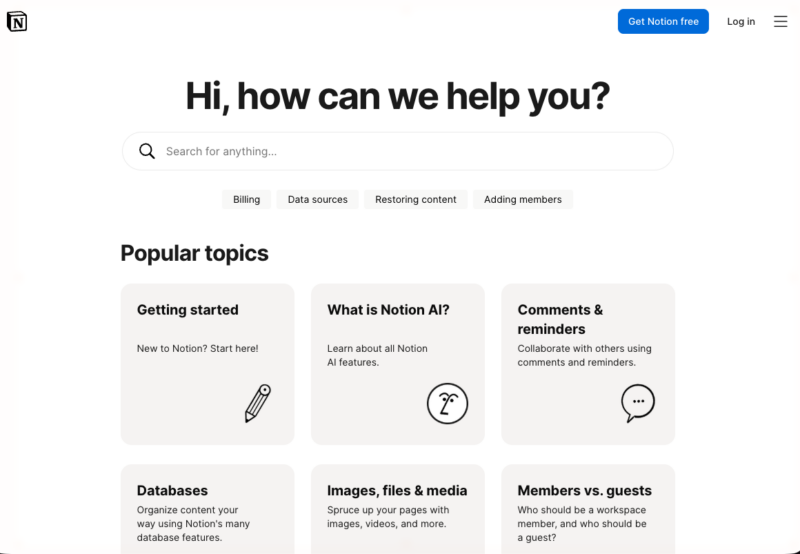 notion-faq - SeedProd Notion help center organized by user-journey stage with illustrated topic cards and a persistent "Chat with us" option
