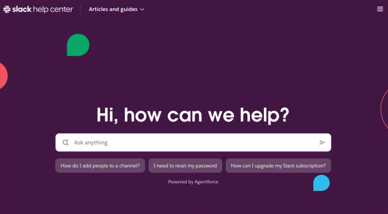 slack-faq - SeedProd Slack help center with an AI-powered search bar badged "Powered by Agentforce" above behavior-flow categories