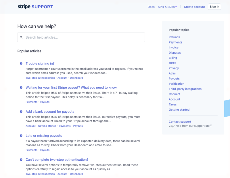 stripe-faq - SeedProd Stripe help center showing a popular article with a live "this article helped 95% of users" helpfulness score