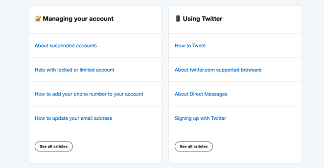 Twitter faq page categories