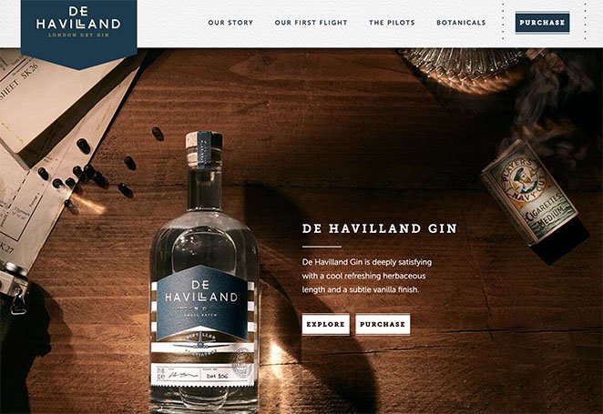 Page d'atterrissage pour le commerce électronique de De Havilland Gin