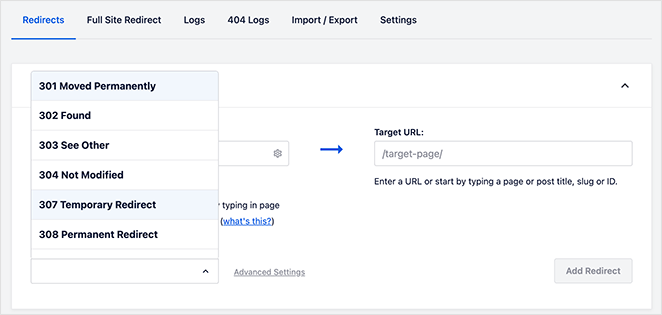 AIOSEO redirection types