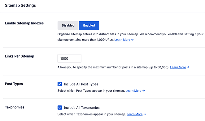 All in One SEO sitemap settings