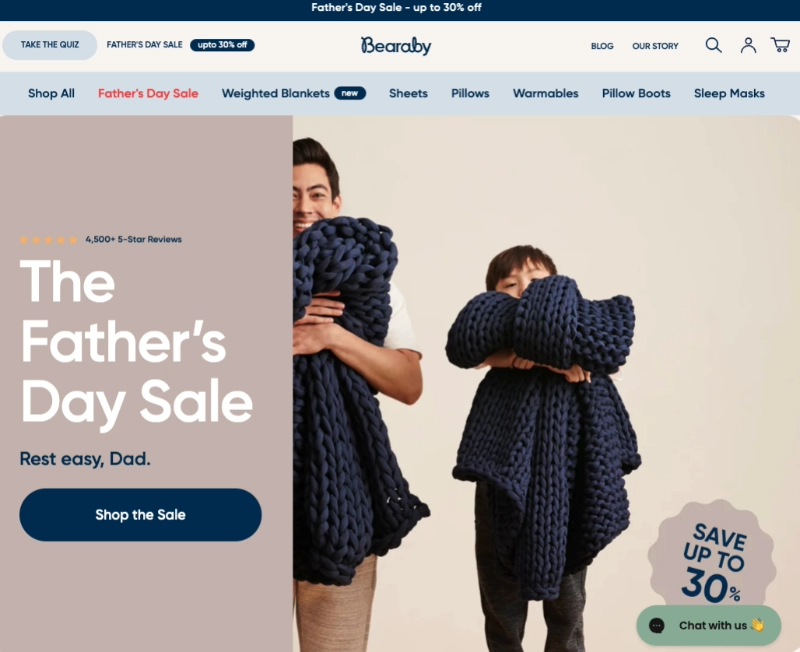beraby - SeedProd Bearaby product cards listing weighted blanket benefits beside a five-star review count