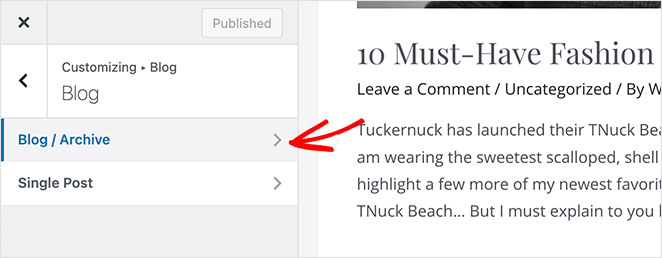 Blog archive WordPress customizer