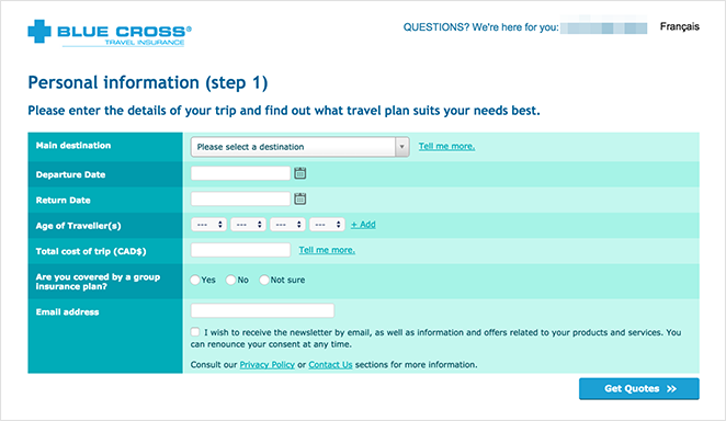 Blue Cross insurance landing page example