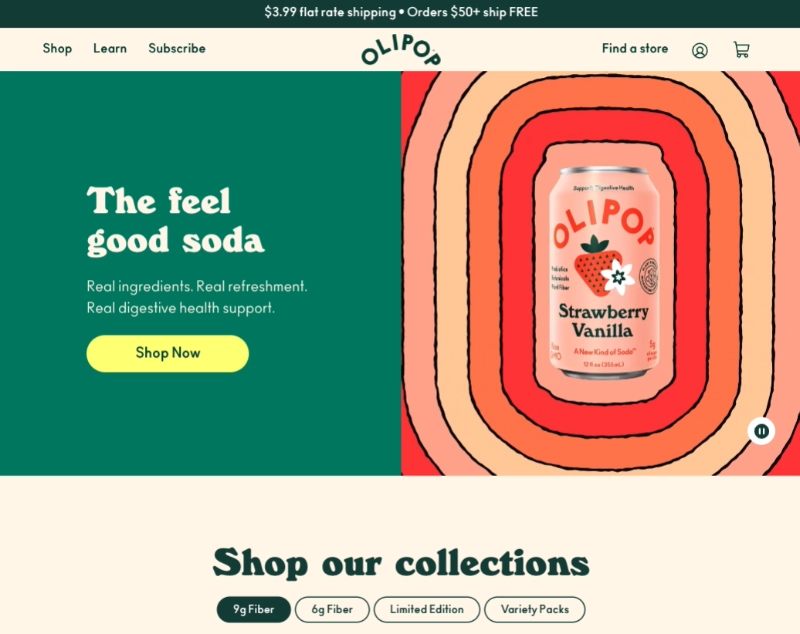 olipop - SeedProd OLIPOP eCommerce landing page with flavor-coded color blocks and a Shop Now button