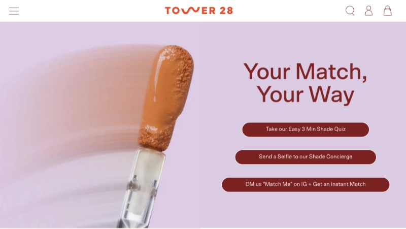 tower28 - SeedProd Tower 28 eCommerce landing page offering a shade-matching quiz to personalize the product