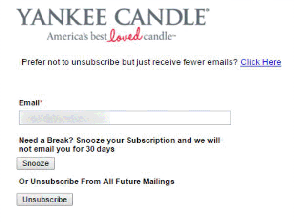 Yankee Candle unsubscribe page example