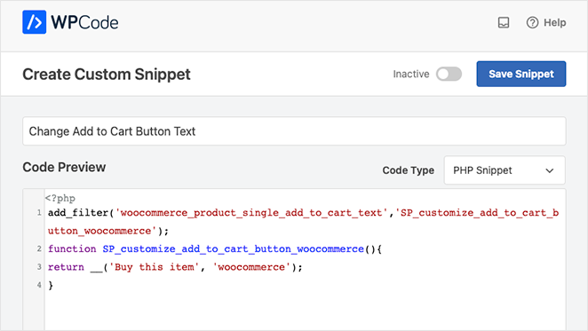 custom woocommerce add to cart button code snippet