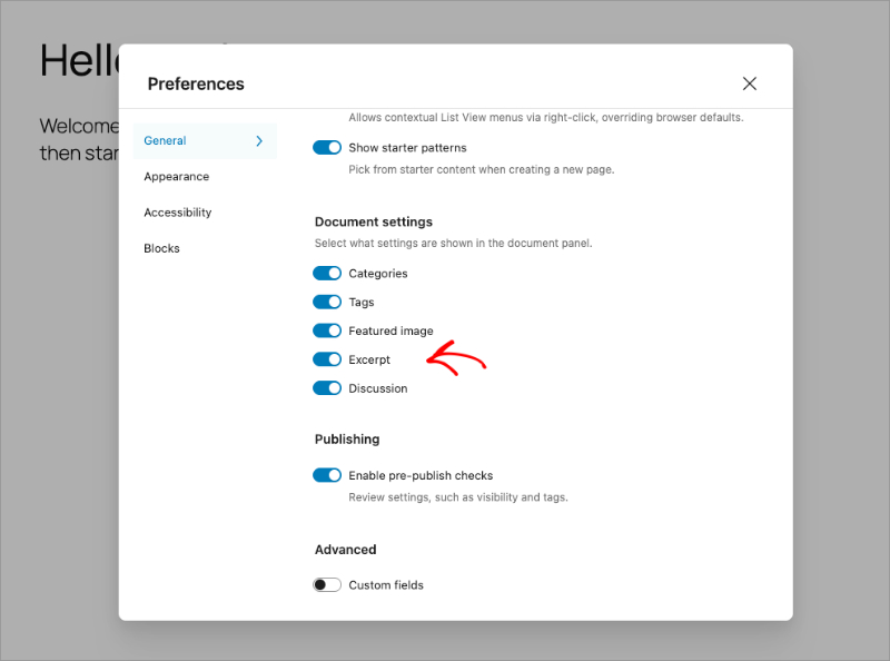 enable-exceprt-in-WordPress-post - SeedProd enabling excerpts in WordPress post block editor