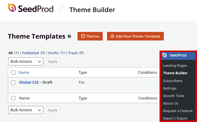 Page du constructeur du thème SeedProd