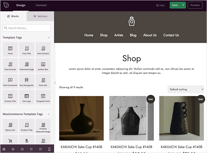 Page de boutique WooCommerce dans SeedProd builder