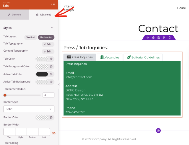 Advanced tabs block settings