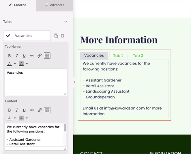 Tabs block settings