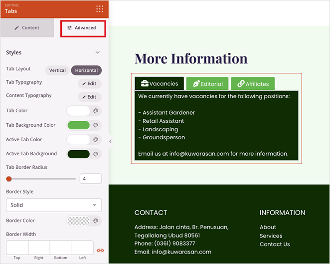 Advanced tabs settings