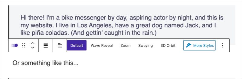 Configuring text animations with the animated text WordPress block