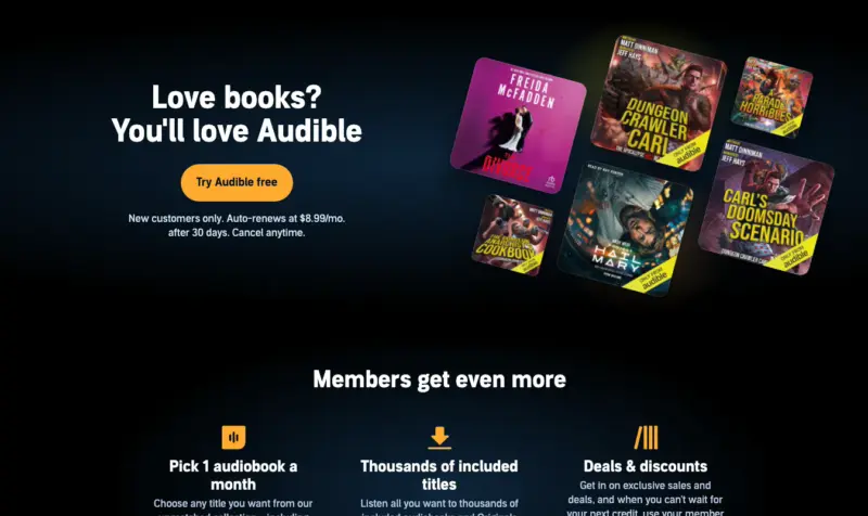 Página de destino de PPC para teste gratuito do Audible com botão Experimente o Audible gratuitamente e oferta de 30 dias