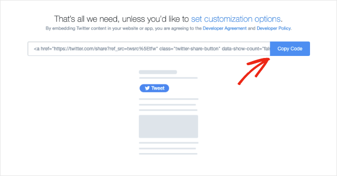 copy tweet button embed code