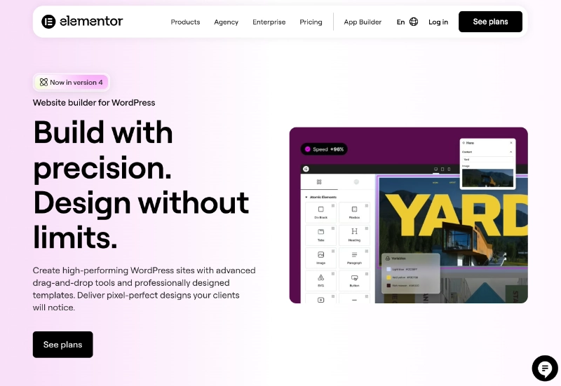 Elementor drag-and-drop page builder plugin homepage showing the visual editor interface