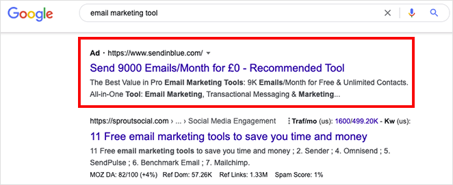 Google search for email marketing tool with ppc ad