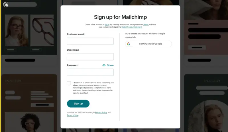 Página de destino de PPC para inscrição no Mailchimp com logotipo, formulário curto e um botão Inscreva-se