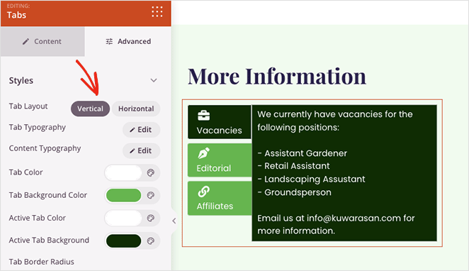 Onglets verticaux et horizontaux dans SeedProd