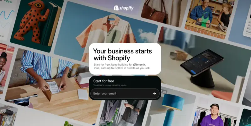 Página de destino de PPC para teste gratuito do Shopify com botão Comece gratuitamente e campo de e-mail