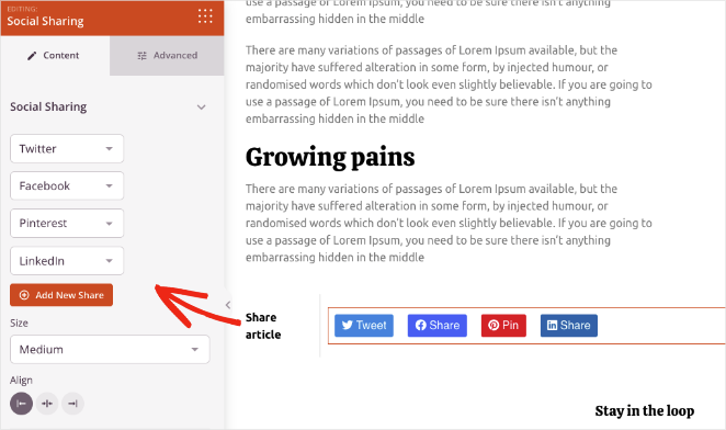 social sharing block settings seedprod