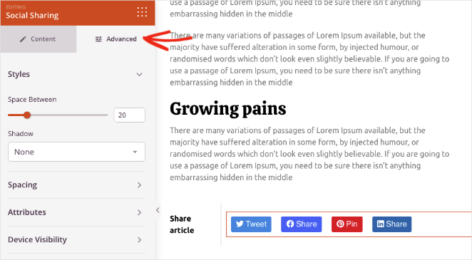 social sharing block advanced settings