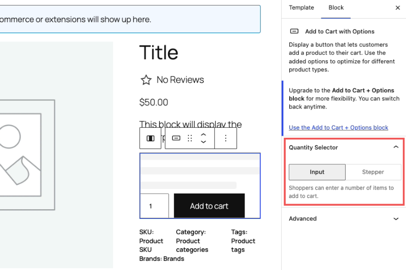 bloco-botão-adicionar-ao-carrinho-woocommerce - SeedProd Selecionando o botão Adicionar ao Carrinho do WooCommerce no editor de blocos do WordPress em uma página de produto único