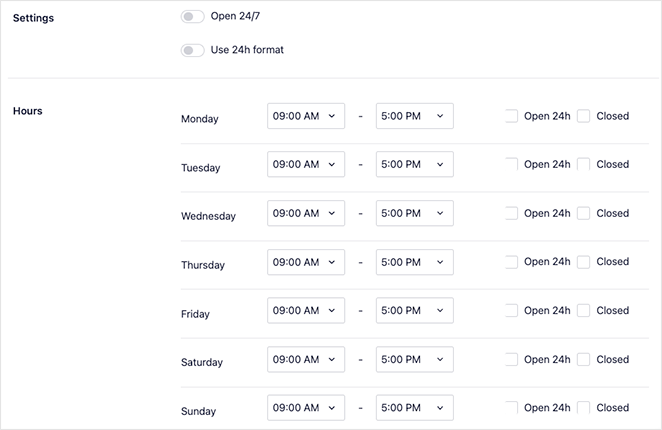 AIOSEO opening hours settings