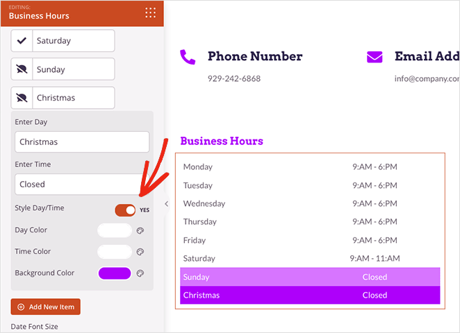 Business Hours block styling settings