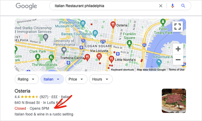 Business hours displayed in local search