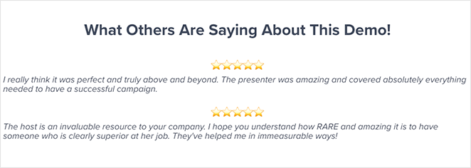 OptinMonster demo page testimonials