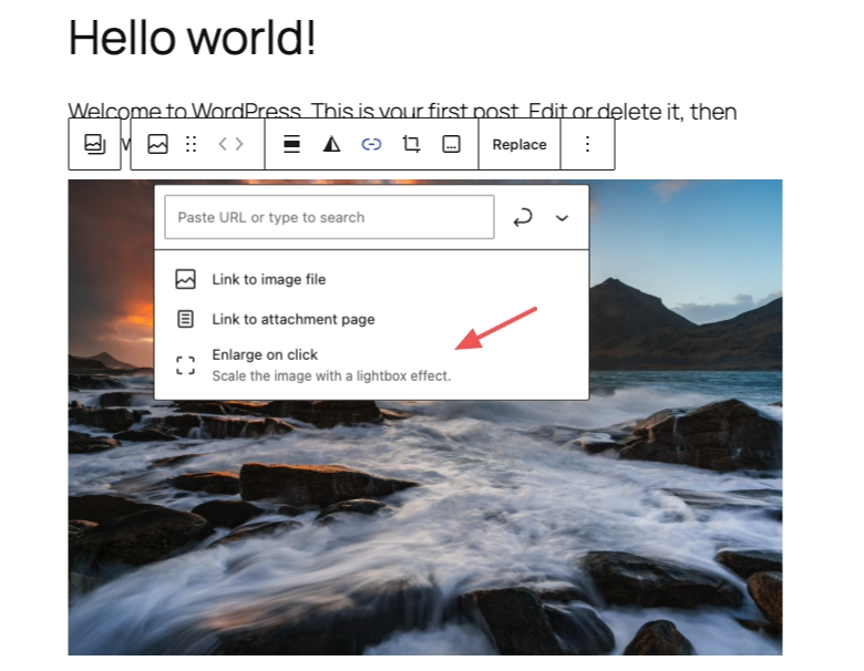 Select enlarge on click in the WordPress image block settings for the lightbox effect.