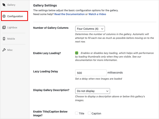 envira gallery configuration settings