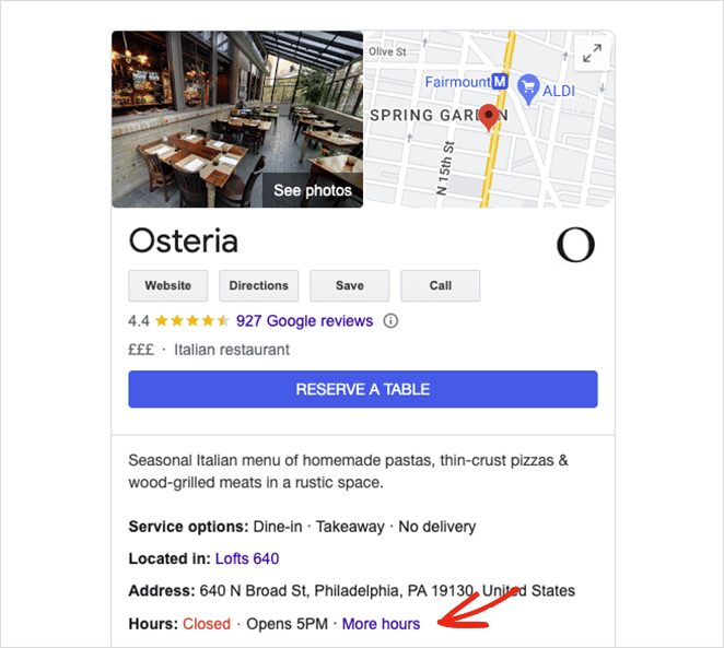 Local search results with business hours and call to action button