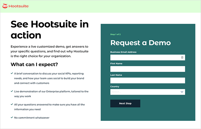 Hootsuite request a demo landing page example