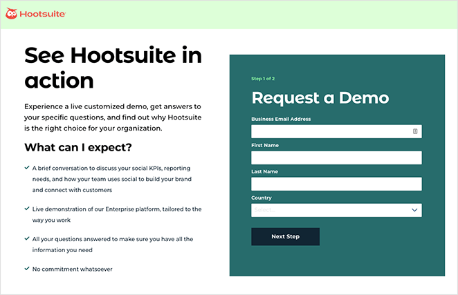 Hootsuite demande une démo Exemple de page d'atterrissage