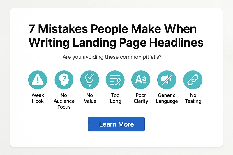mistakes-landing-page-headline-formula - SeedProd Landing page mockup example with headline: 7 Mistakes People Make When Writing Landing Page Headlines"
