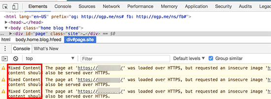 Avertissement de contenu mixte dans la console d'inspectionVous remarquerez que la plupart des URL sont des images, des iframes et des galeries d'images, tandis que d'autres sont des scripts et des feuilles de style chargés par vos plugins et thèmes WordPress.