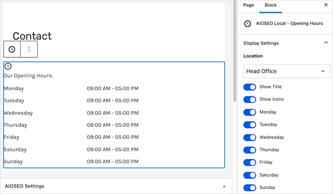 AIOSEO opening hours WordPress block widget