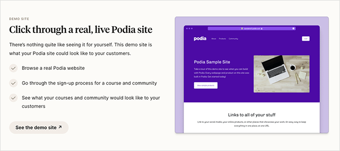 Podia see the demo site