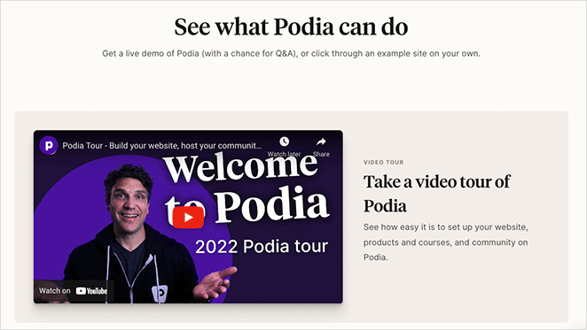 Podia request a demo landing page example