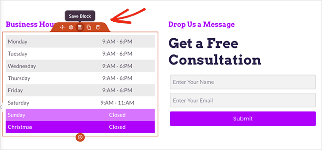 Save Business Hours WordPress block
